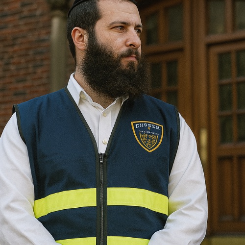 A C.H.O.S.E.N. volunteer in a reflective vest outside a shul